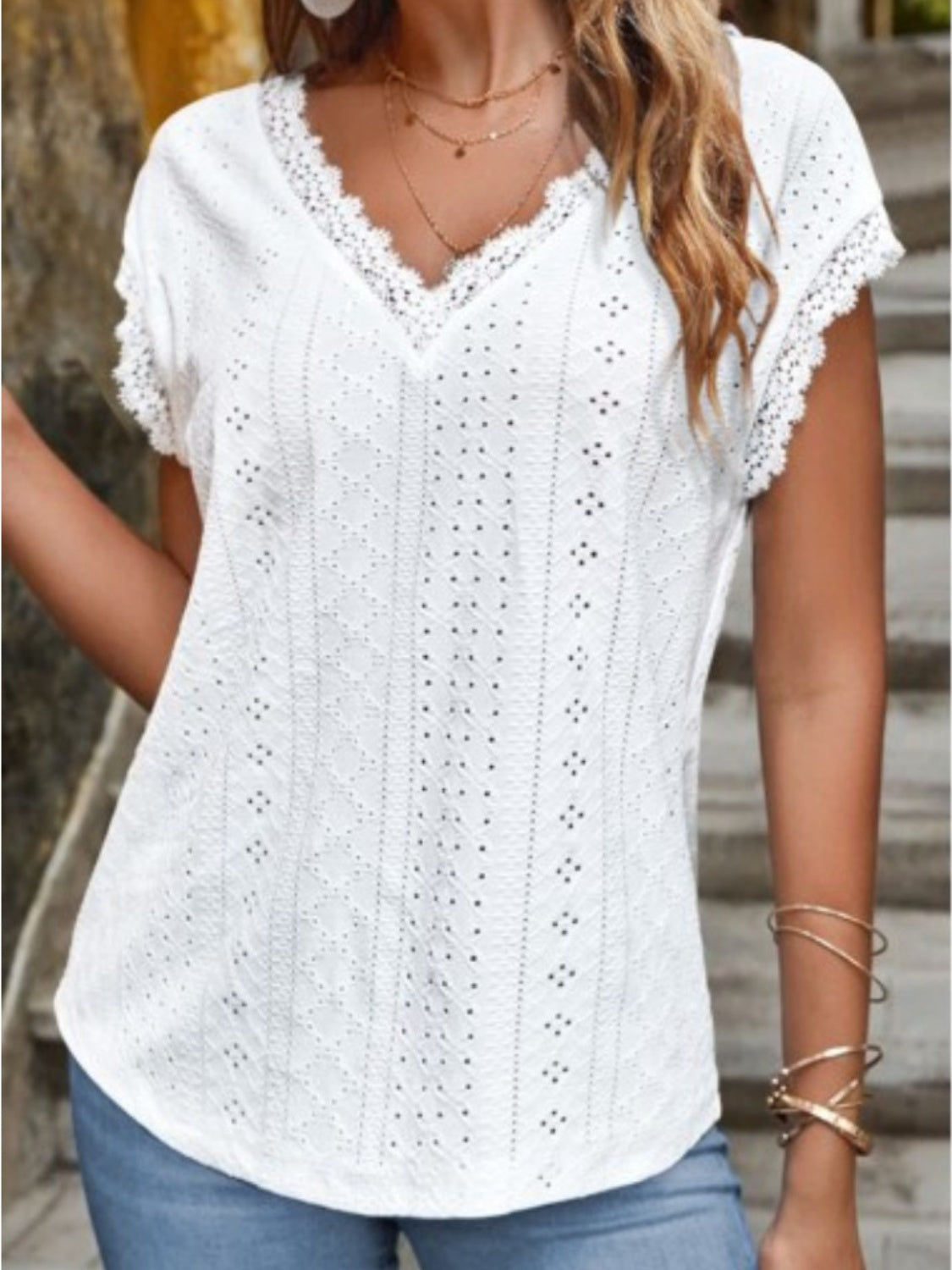 Eyelet V-Neck Cap Sleeve Blouse