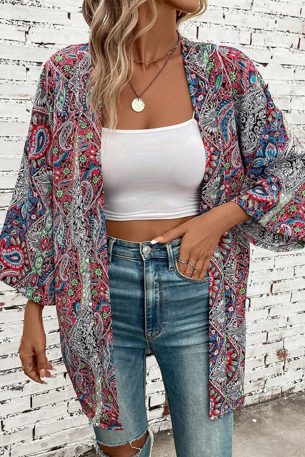 Printed Open Front Long Sleeve Cover Up