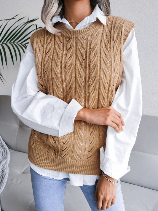 Round Neck Openwork Capped Sleeve Sweater Vest