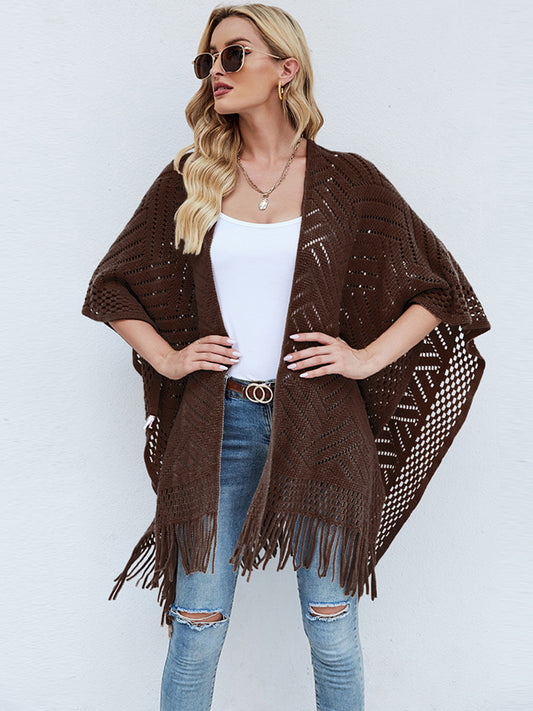 Shiny Fringe Hem Open Front Poncho