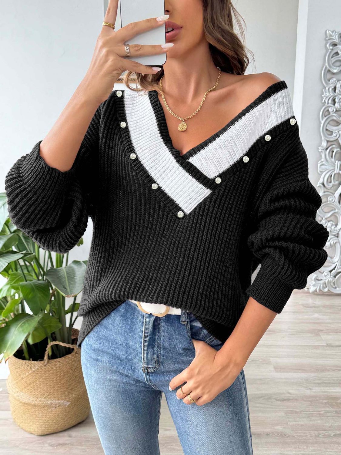 Contrast Trim Dropped Shoulder Long Sleeve Sweater