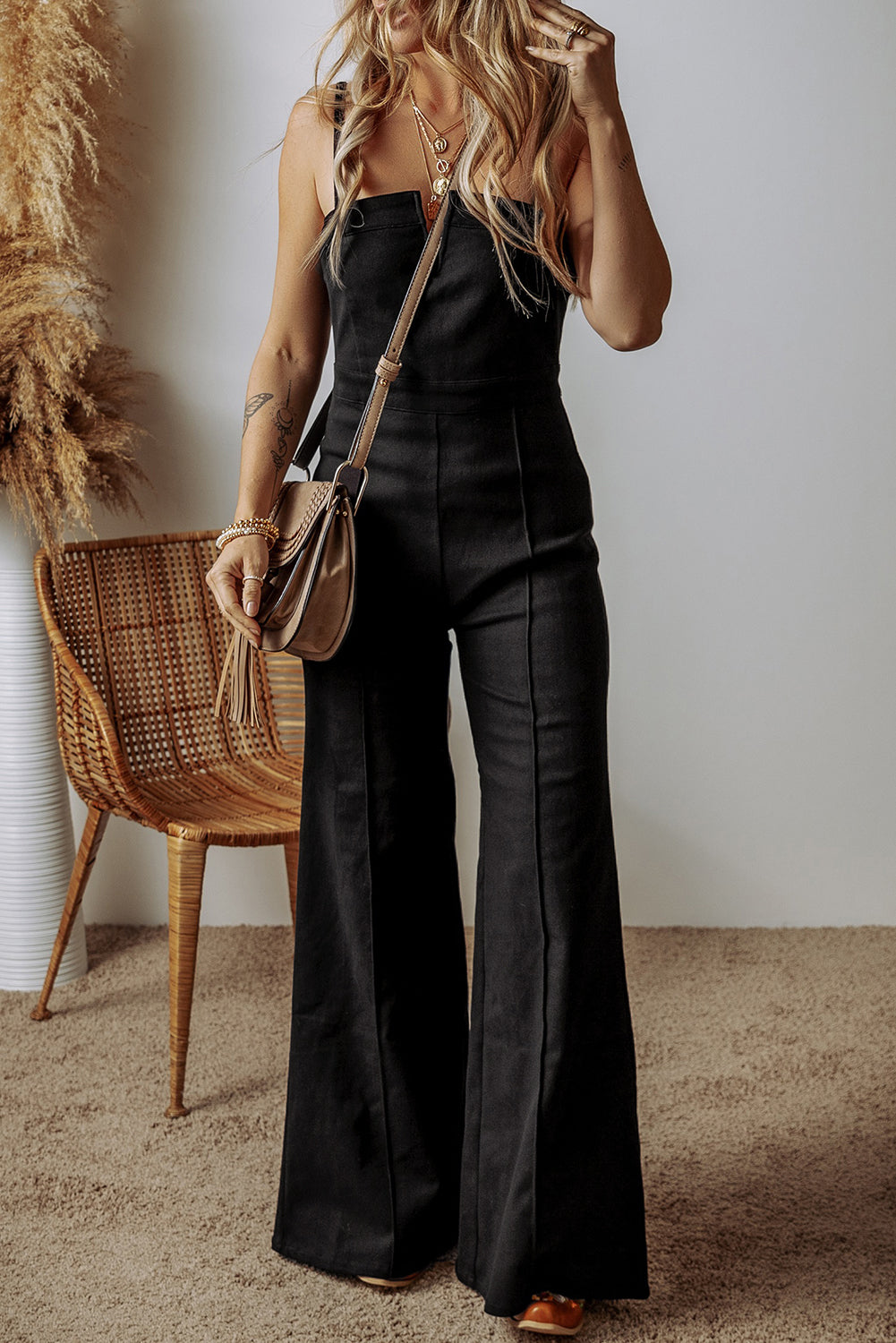 Spaghetti Straps Flare Denim Jumpsuit