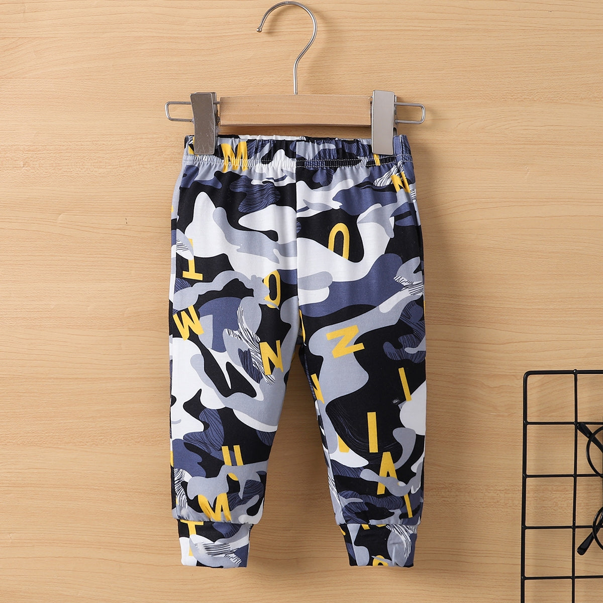 Bear Round Neck Top and Camouflage Pants Set