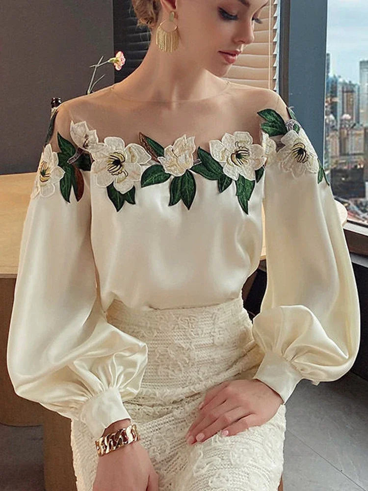 Mesh Spliced Satin Embroidered Blouse