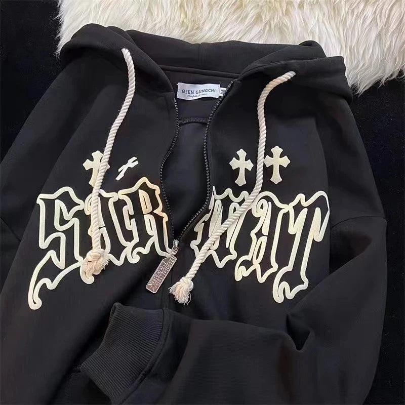 Gothic Embroidery Zip-Up Hoodie