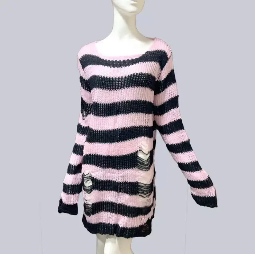 Punk Gothic Striped Hollow Out Sweater