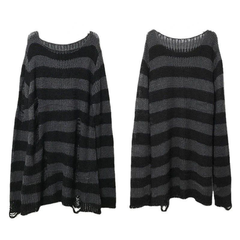 Punk Gothic Striped Hollow Out Sweater