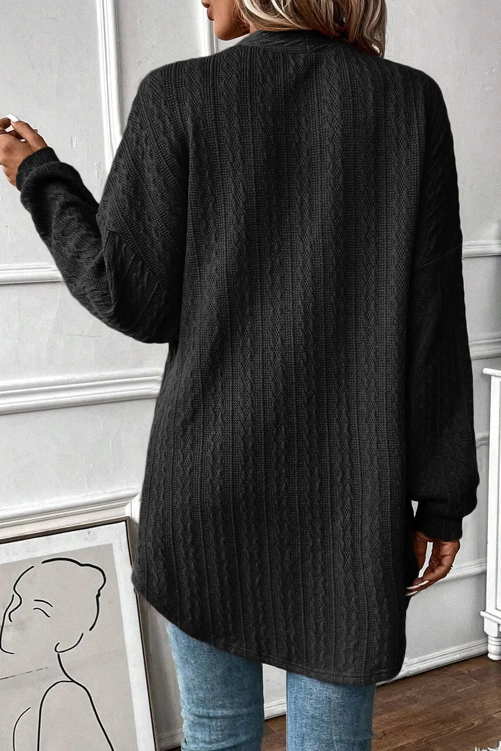 Textured Pocketed Open Front Long Sleeve Cover Up