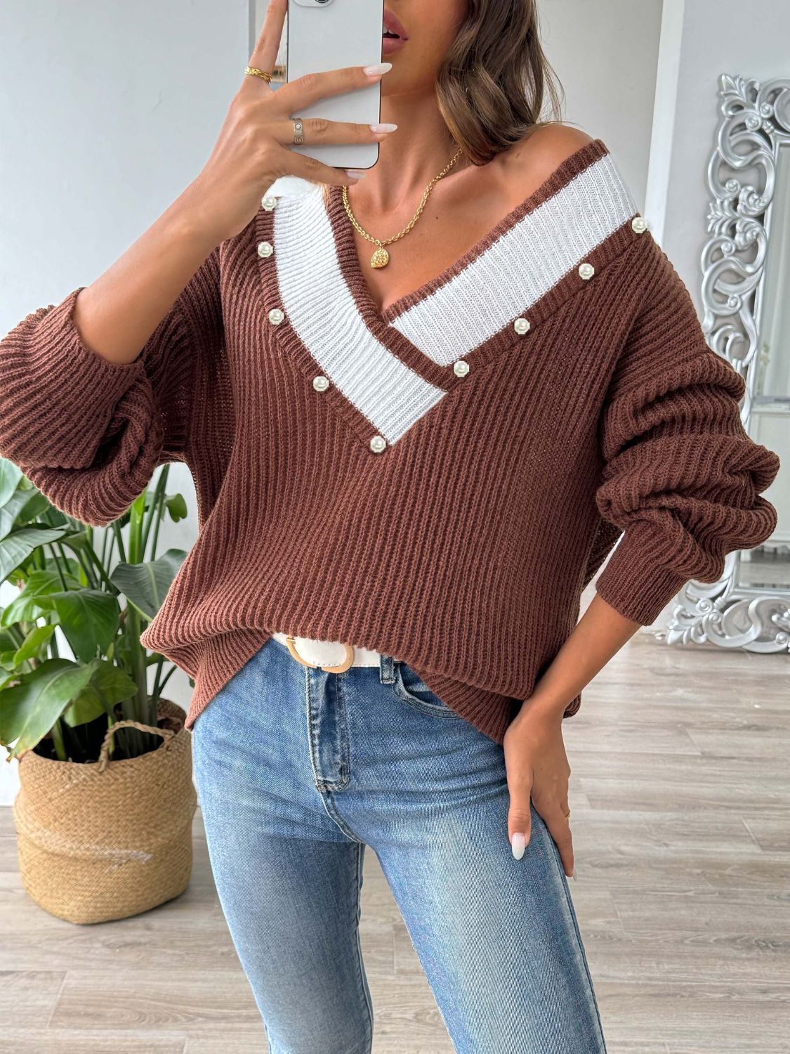 Contrast Trim Dropped Shoulder Long Sleeve Sweater